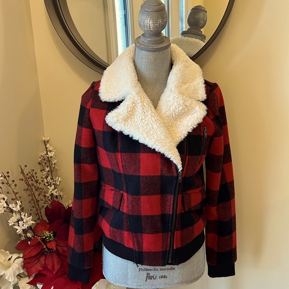 Pim + Larkin Red & White Plaid Bomber Jacket. Size Small